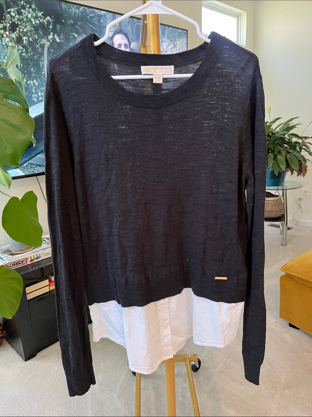 Michael Kors Black Knit Layered-Look Sweater with White Shirt Hem